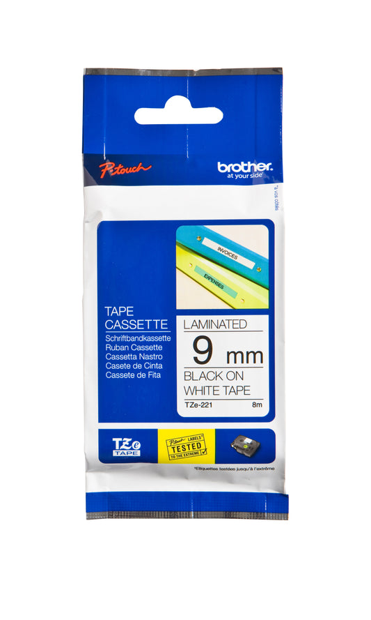 Labeltape Brother TZE-221 9mmx8m Wit/Zwart voor Labels