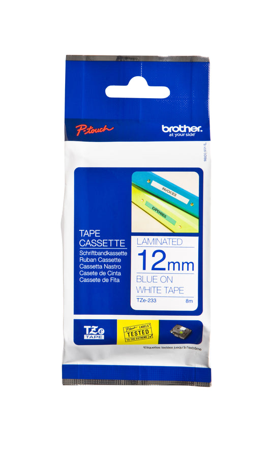 Brother TZE-233 gelamineerde labeltape 12mm wit met blauw