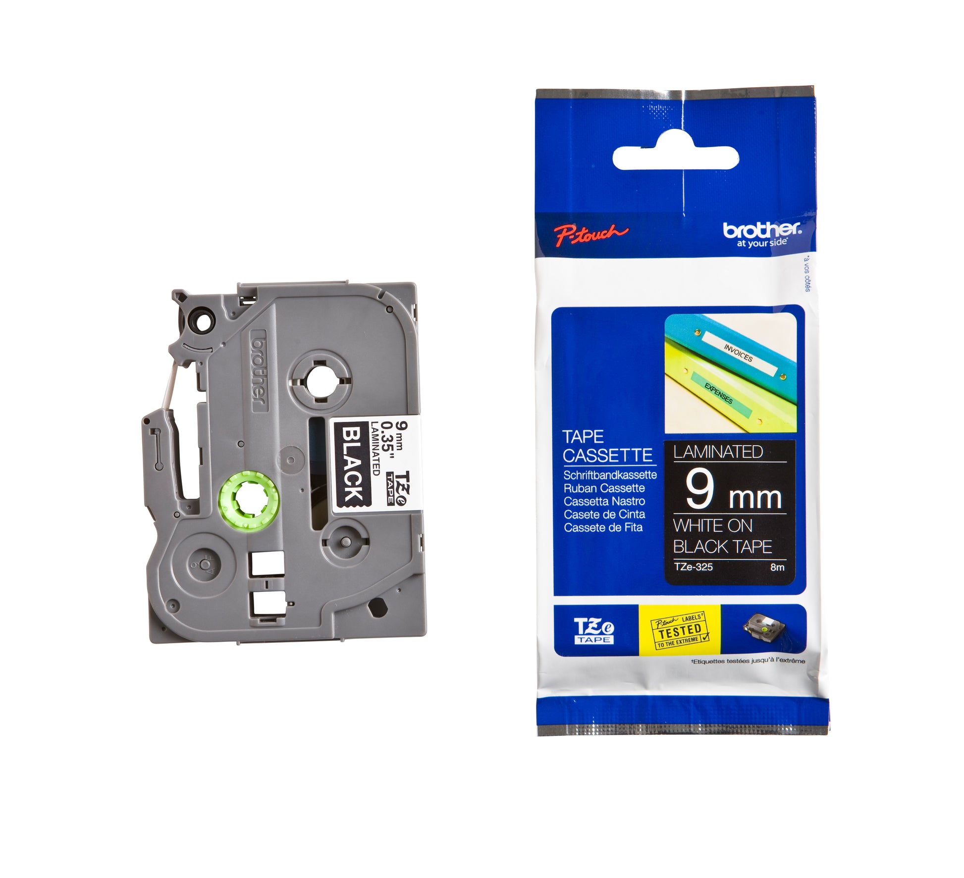 Brother TZE-325 9mmx8m zwart/wit gelamineerde labeltape - 3