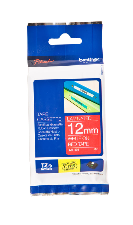 Labeltape Brother TZE-435 12mmx8m Rood/Wit voor Labels