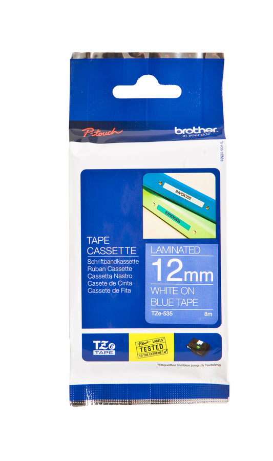 Brother TZE-535 Gelamineerde Labeltape 12mm Blauw/Wit