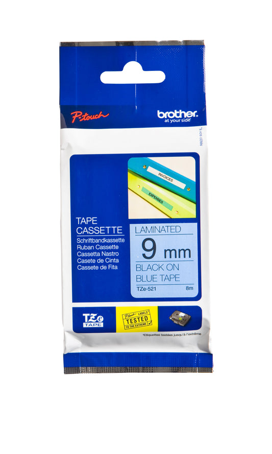 Brother TZE-521 Gelamineerde Labeltape 9mmx8m Blauw op Zwart