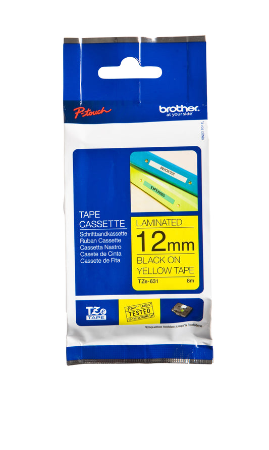 Labeltape Brother TZE-631 12mmx8m Geel/Zwart voor Labels