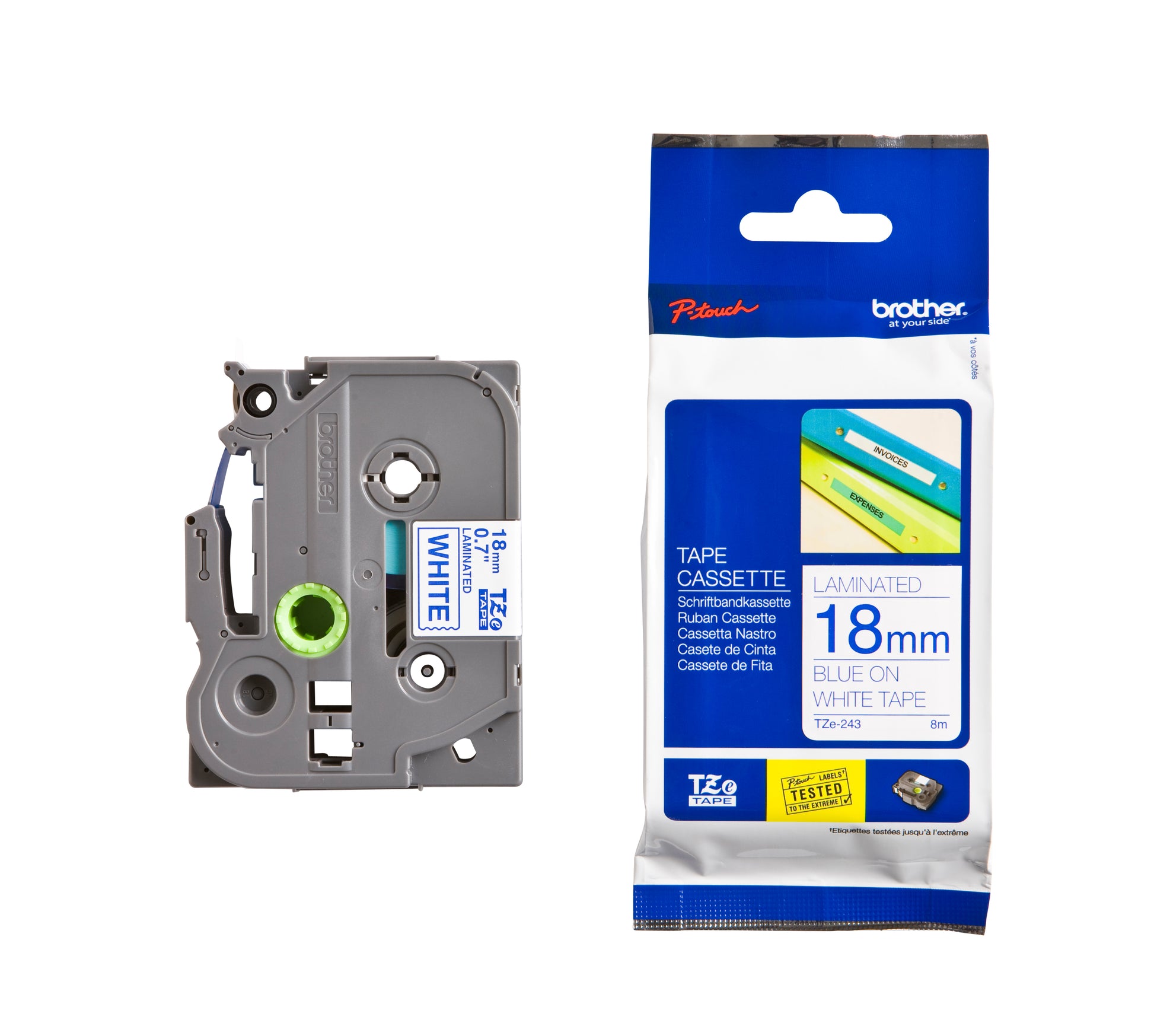 Brother TZE-243 Gelamineerde Labeltape 18mmx8m Wit op Blauw - 3