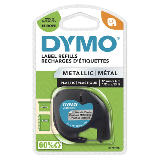 Dymo LetraTag metallic 12mm zilver tape met zwarte opdruk