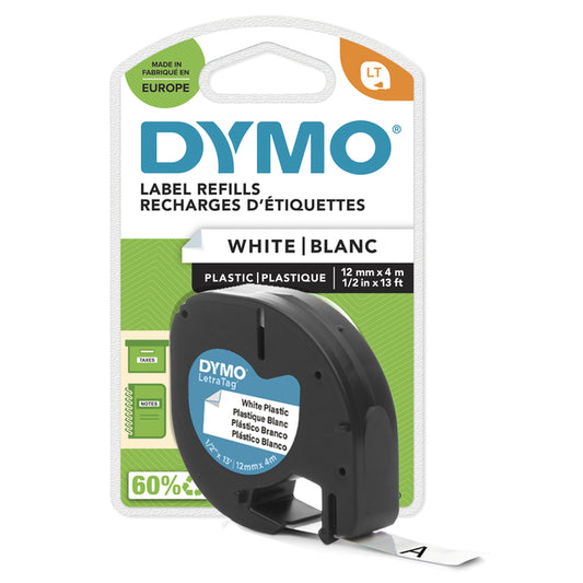 Labeltape Dymo LetraTag plastic 12mm wit/zwart