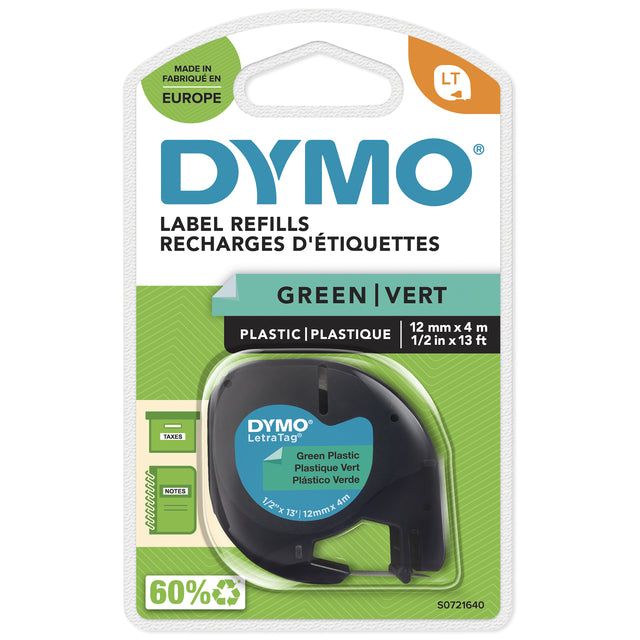 Dymo LetraTag Plastic Labeltape 12mm Groen/Zwart, 4m