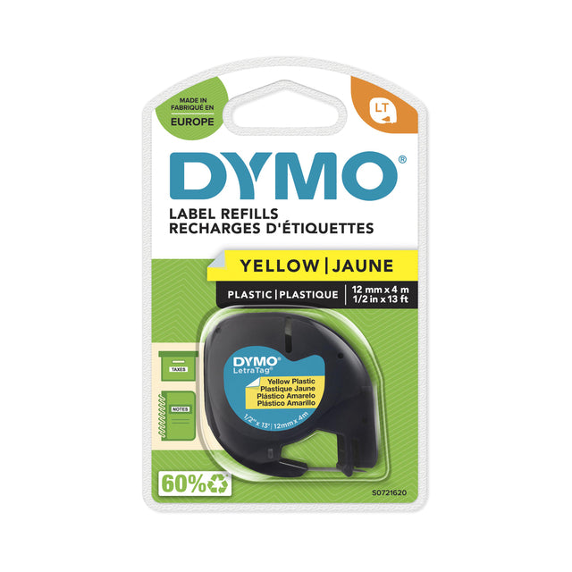 Dymo LetraTag Plastic Labeltape 12mm Geel/Zwart, 4m