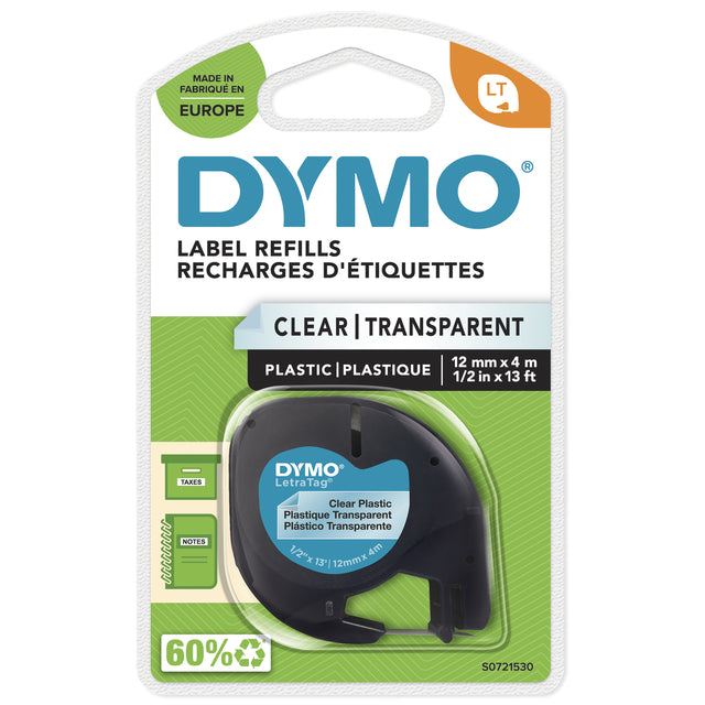 Dymo LetraTag Kunststof Labeltape 12mm Transparant met Zwarte Opdruk