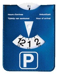 Parkeerschijf in blauwe kunstlederen houder