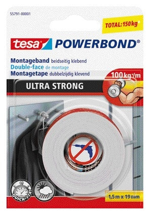 Tesa Ultra Strong Dubbelzijdige Montageband 1,5mx19mm, wit