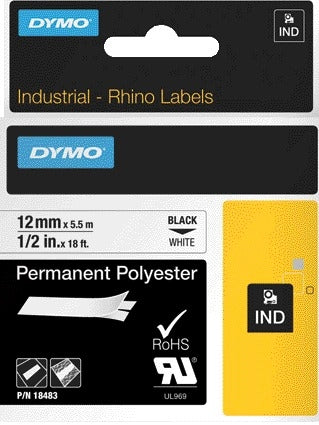 Dymo Rhino industrieel polyester labeltape 12mm wit met zwarte opdruk