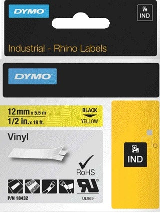 Dymo Rhino Vinyl Labeltape 12mm, Geel/Zwart