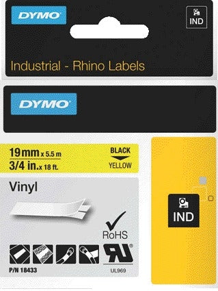 Dymo Rhino Vinyl Labeltape 19mm Geel/Zwart, 5,5m