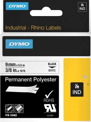Labeltape Dymo Rhino industrieel polyester 9mm wit