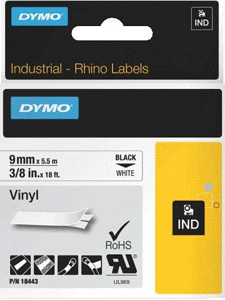 Labeltape Dymo Rhino Vinyl 9mm Wit voor Industriële Labeling