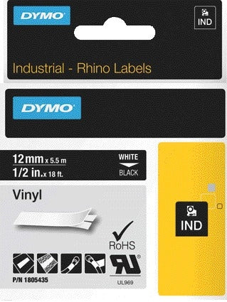 Dymo Rhino vinyl labeltape 12mm zwart met witte opdruk voor industriële toepassingen