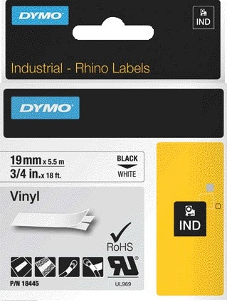 Dymo Rhino Vinyl Labeltape 19mmx5,5m Wit/Zwart
