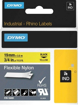 Labeltape Dymo Rhino Industrieel Nylon 19mm Geel met Zwarte Opdruk