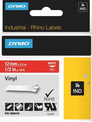 Dymo Rhino vinyl labeltape 12mm rood met witte opdruk voor industriële toepassingen